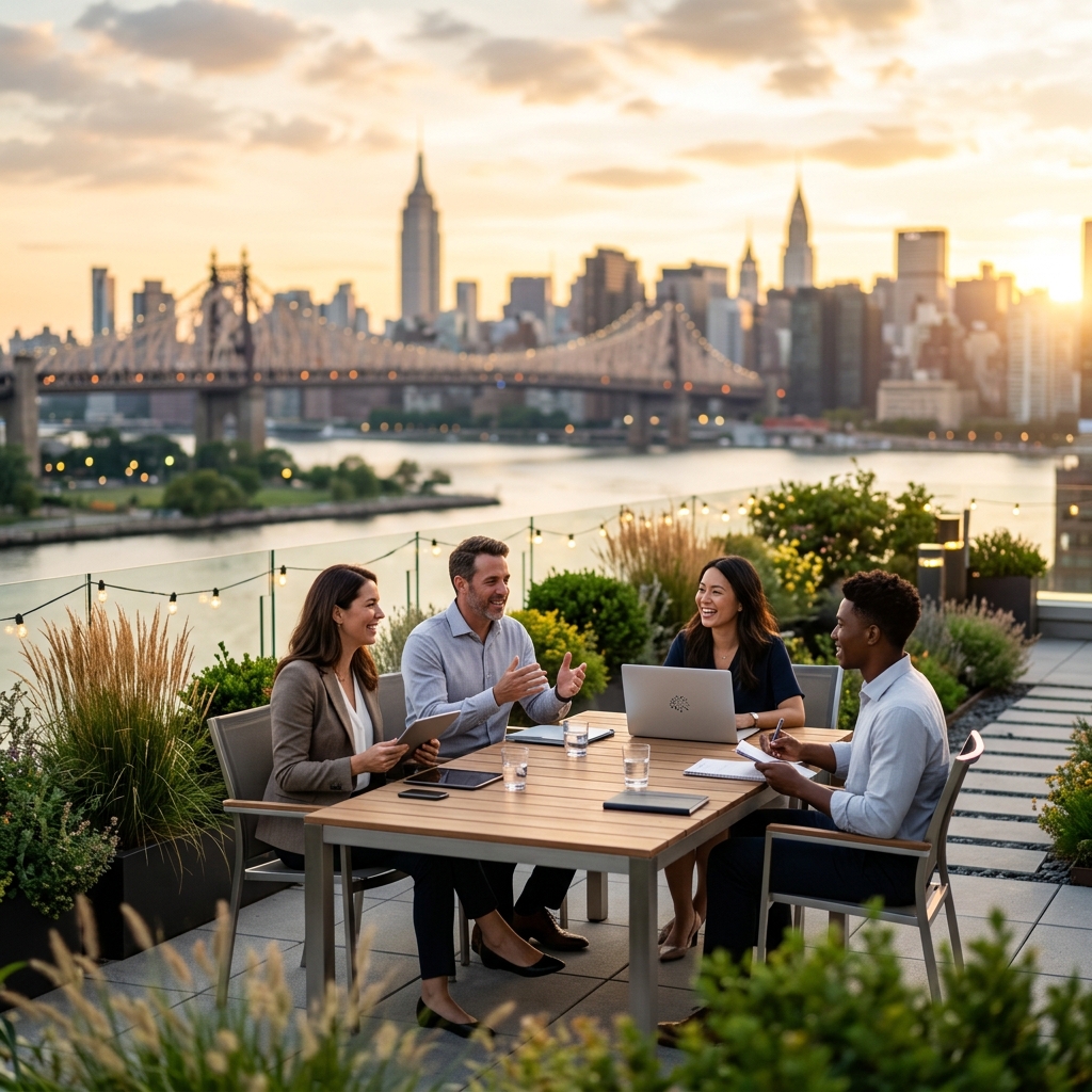 A team meeting on a rooftop with the New York skyline